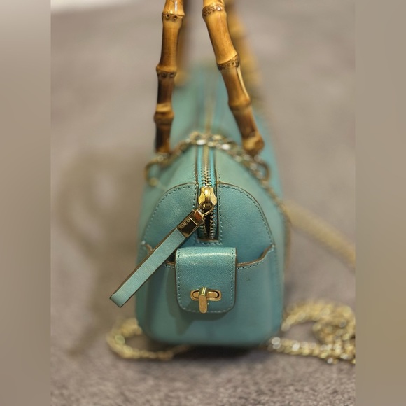 MONSAC Blue Genuine Leather Gold Accent Mini Barrel Bag with Bamboo Handles - Picture 2 of 9